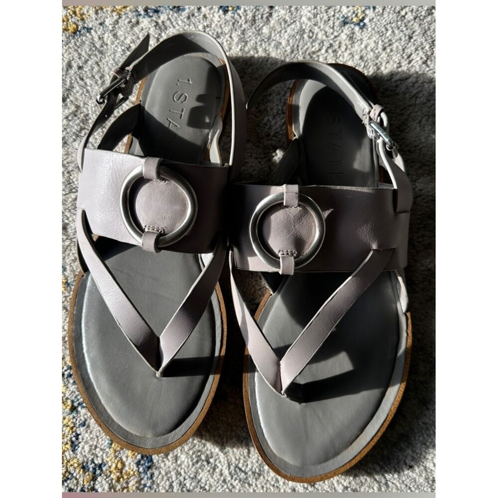 1. STATE Gray Leather Circle-Buckle Sandals Womens 9